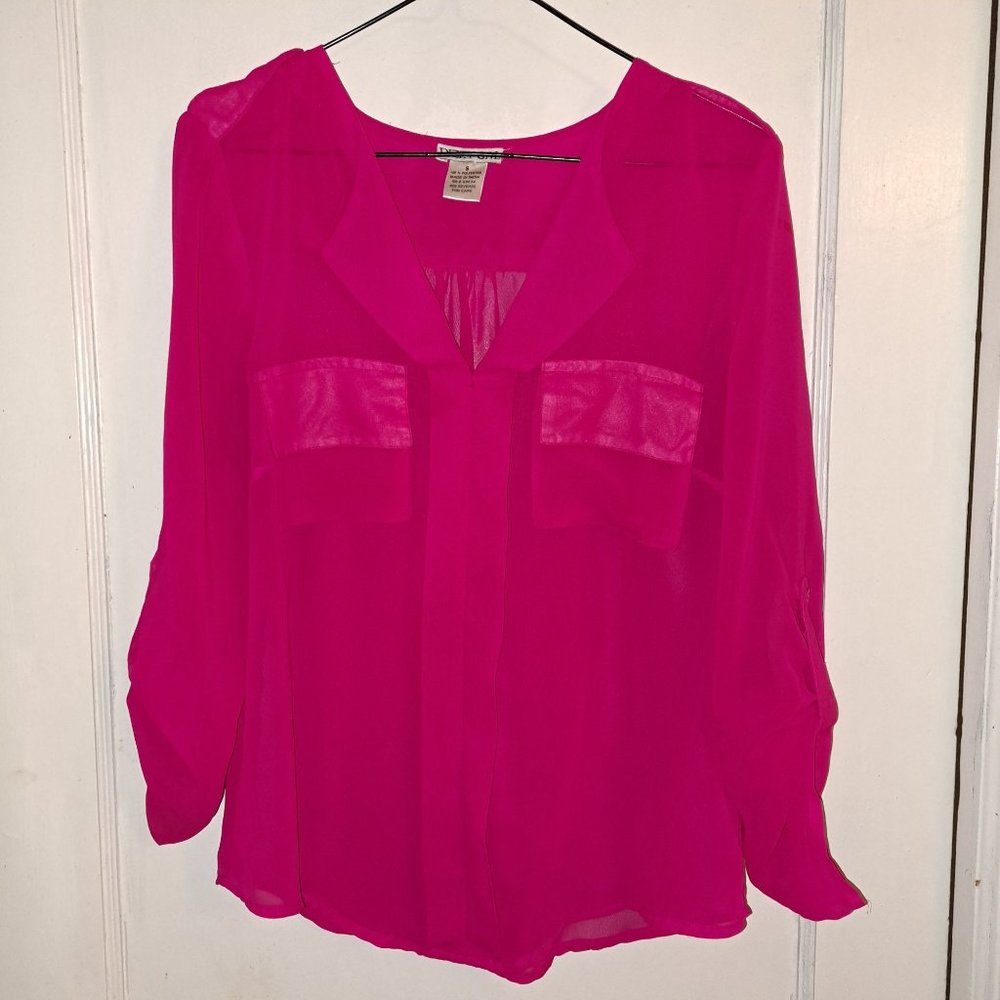 Dizzy Gal Pink Chiffon 💗 blouse roll tab sleeves szS sheer lite airy feminine